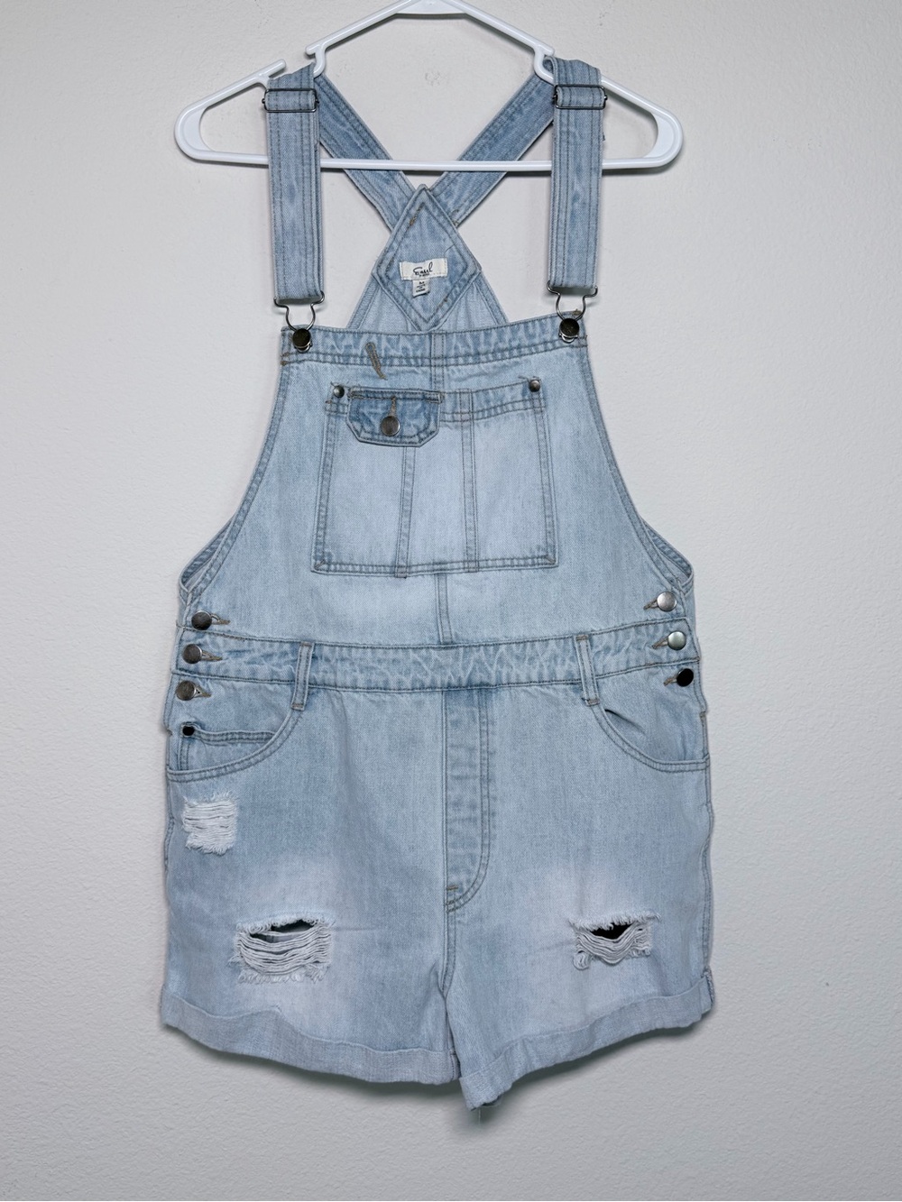 Women's Medium Easel Distressed Light Wash Denim Short Overalls Shortalls Boho - Picture 10 of 11